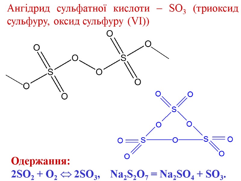 Ангідрид сульфатної кислоти – SO3 (триоксид сульфуру, оксид сульфуру (VI)) Одержання:  2SO2 +